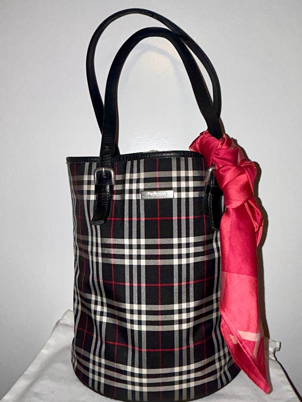 Burberry Black Plaid Bucket Tote with Red vintage Burberry Scarf!